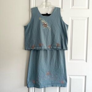 Blue Fish Vintage 90s Light Blue Handpainted Seascape Two Piece Tank Skirt Set 0